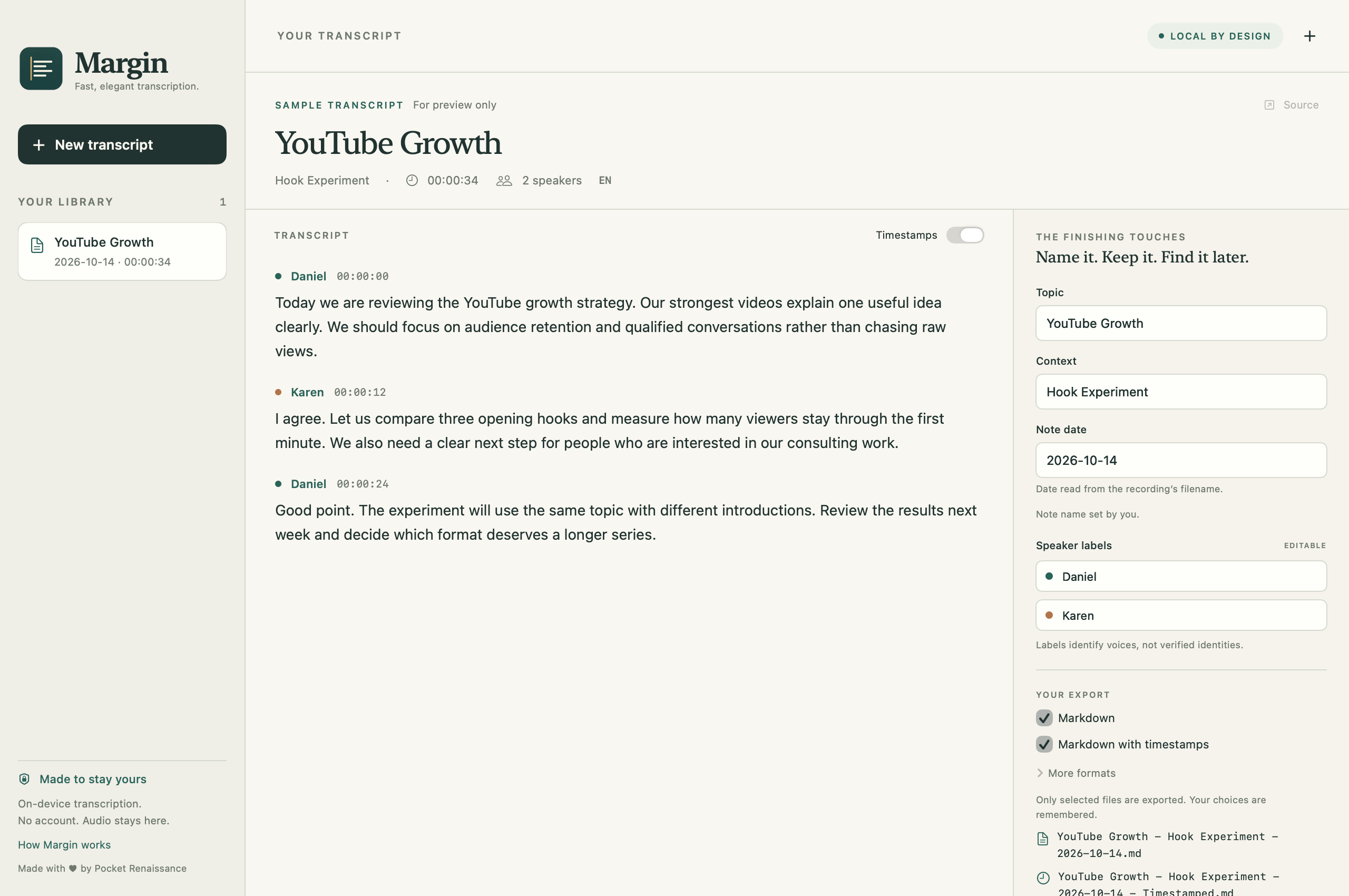 Margin showing a sample transcript with speaker names, timestamps and options for exporting notes